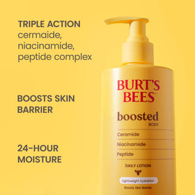 Burt's Bees label close-up emphasizing ceramide, niacinamide and peptide complex benefit