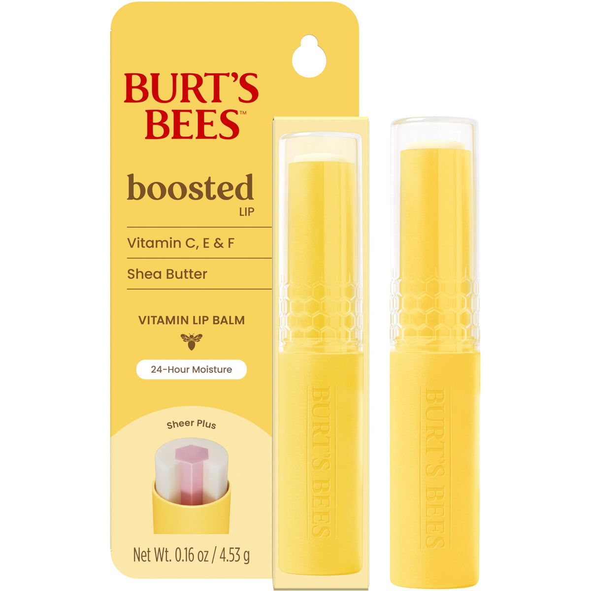 Burt's Bees Boosted Lip Balm with cap open ready to apply for quick, no-mirror use