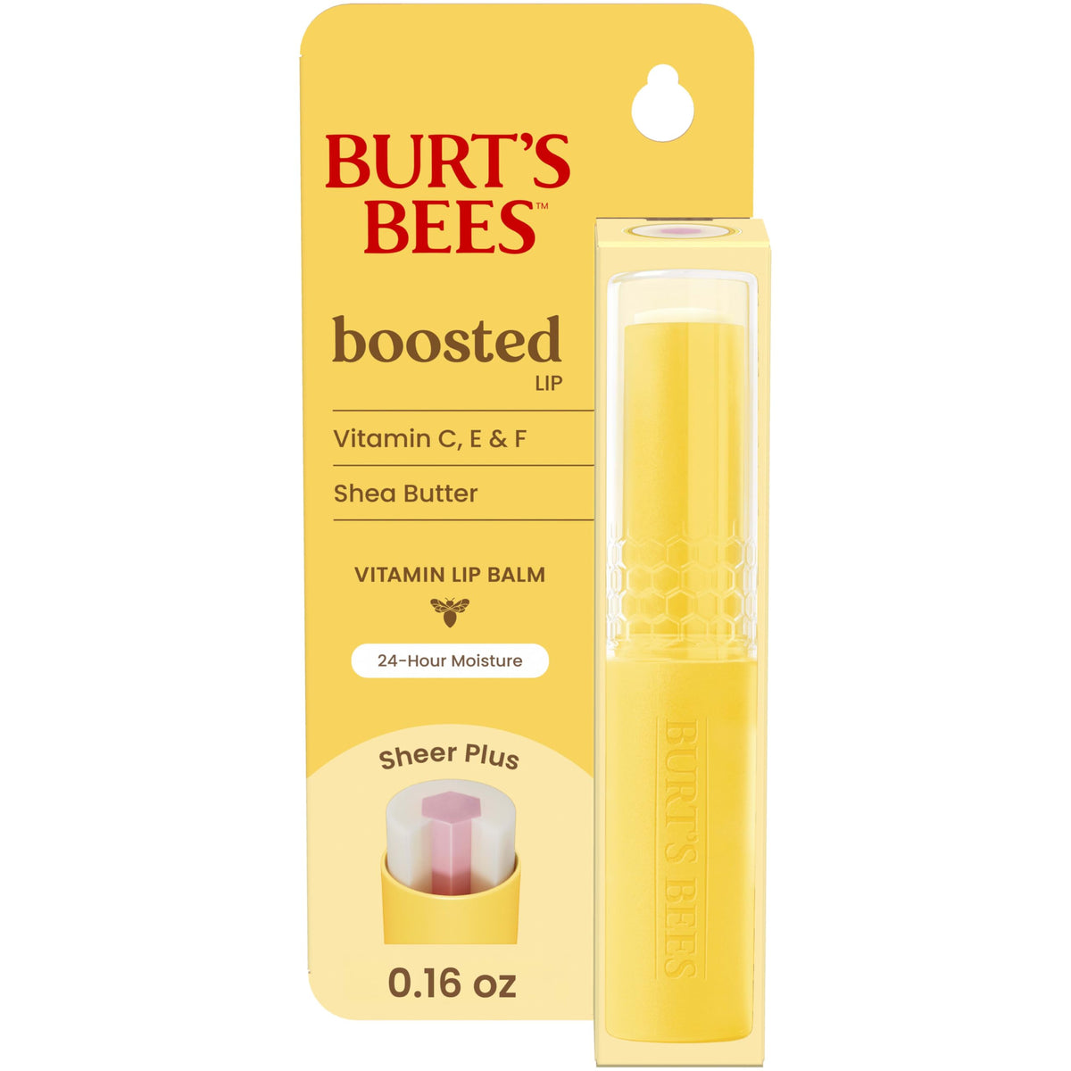 Burt's Bees Boosted Lip Balm front tube showing label and compact design for easy carry
