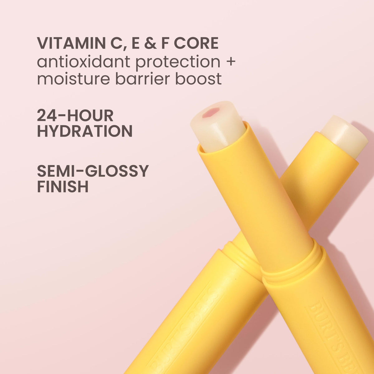 Close-up of Burt's Bees balm texture highlighting smooth, lightweight finish for soft lips