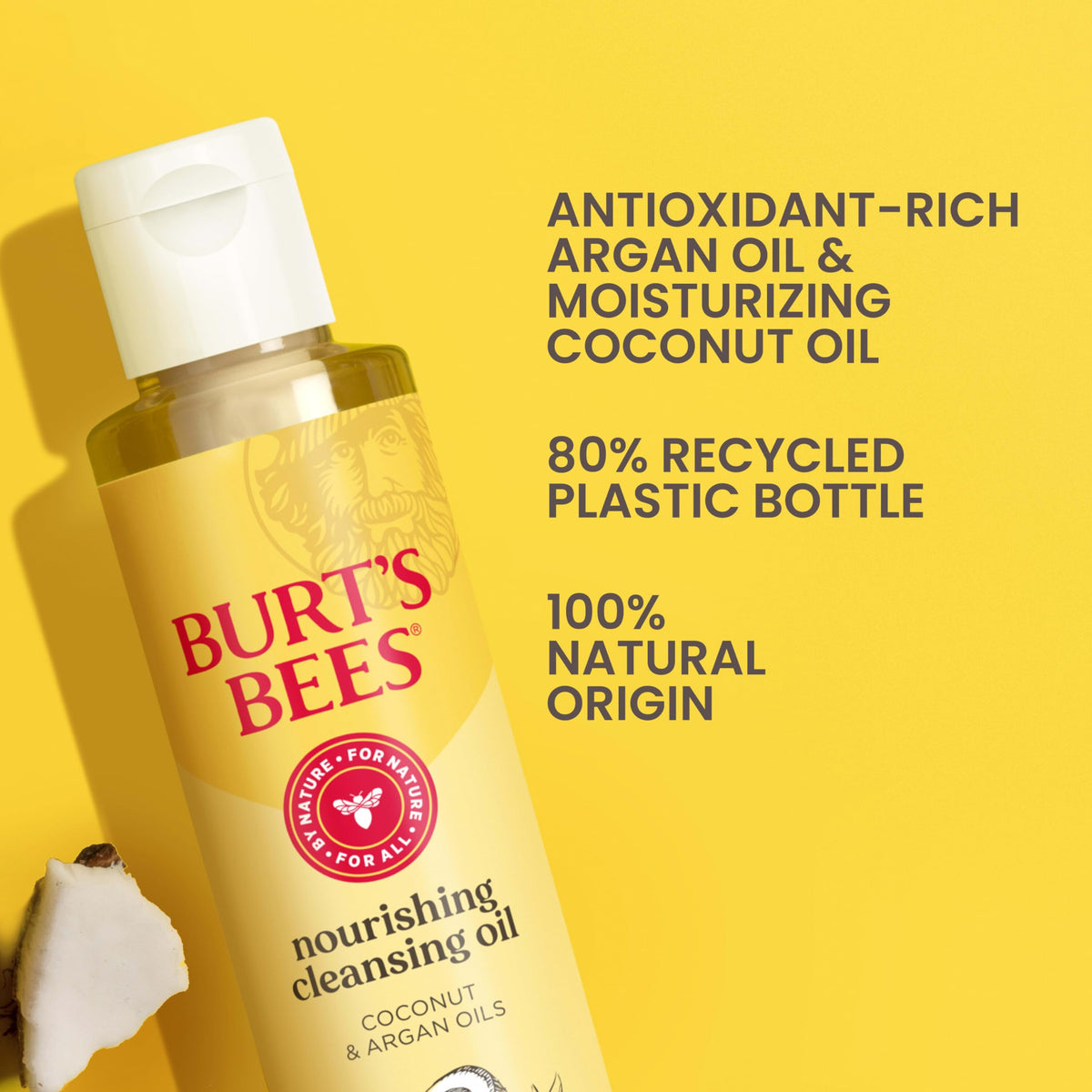 Burt's Bees label detail highlighting coconut and argan oils and clean formulation