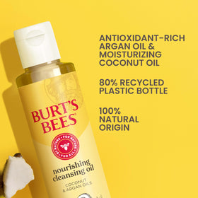 Burt's Bees label detail highlighting coconut and argan oils and clean formulation