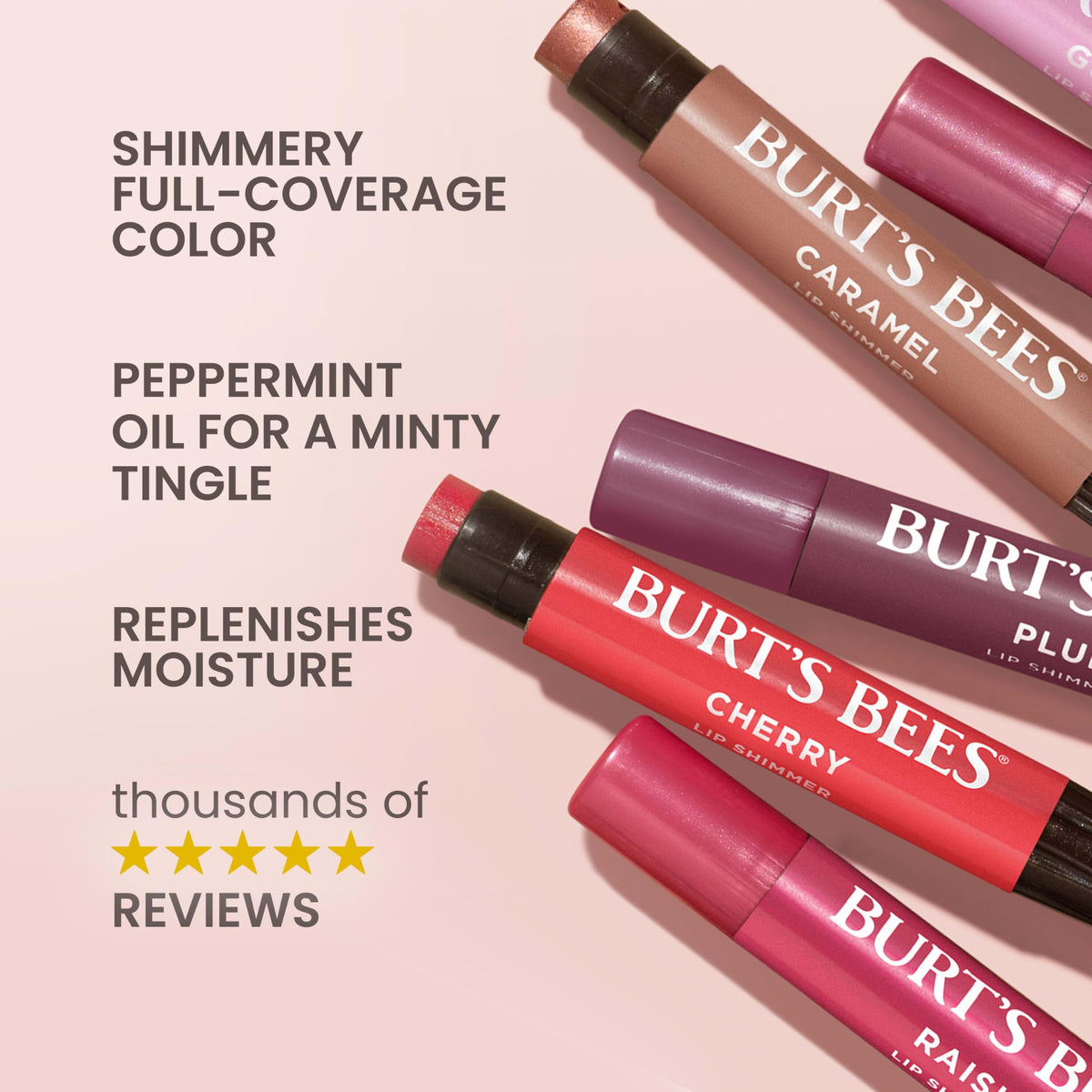 Burt's Bees Champagne tube open showing balm tip and easy glide application