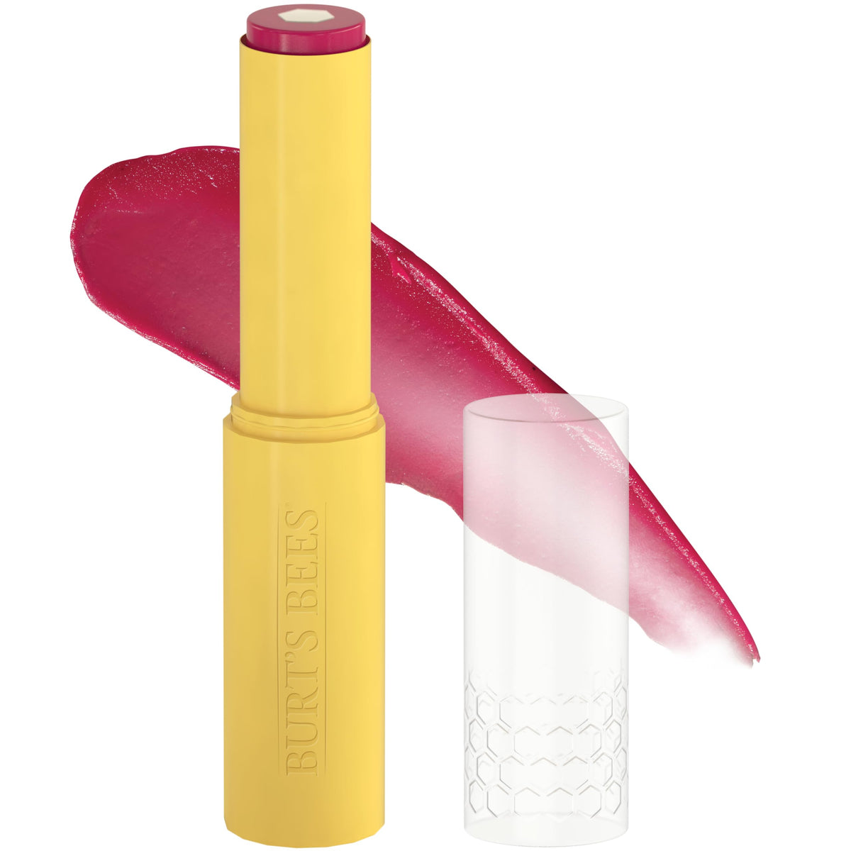 Burt's Bees tube front view showing Cheeky Cherry tint and compact design benefits