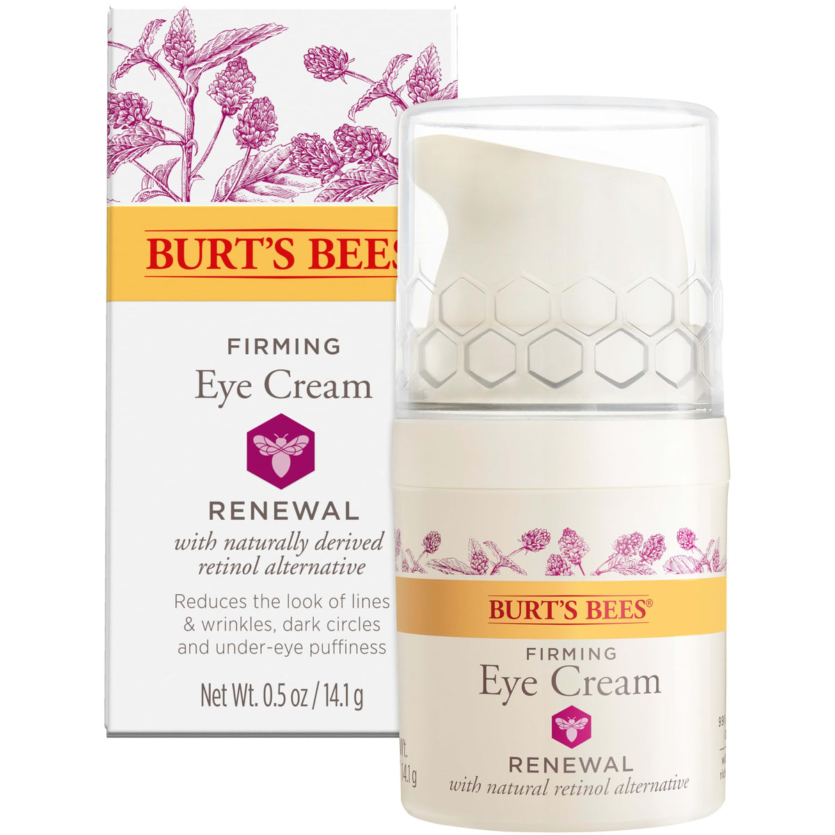 Burt's Bees front bottle shot showing Renewal firming eye cream and natural packaging benefit