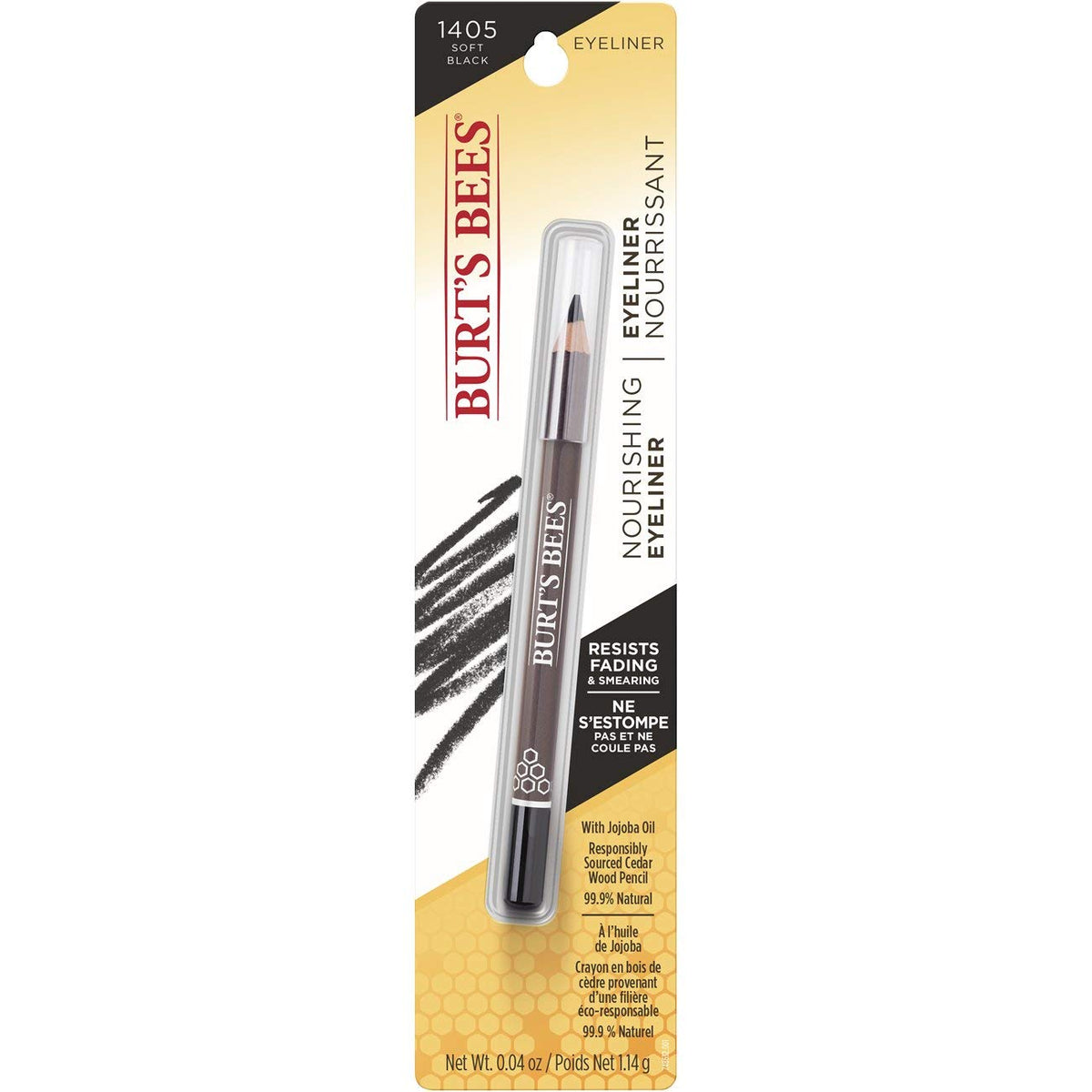 Burt's Bees eyeliner texture swatch illustrating rich soft black pigment payoff