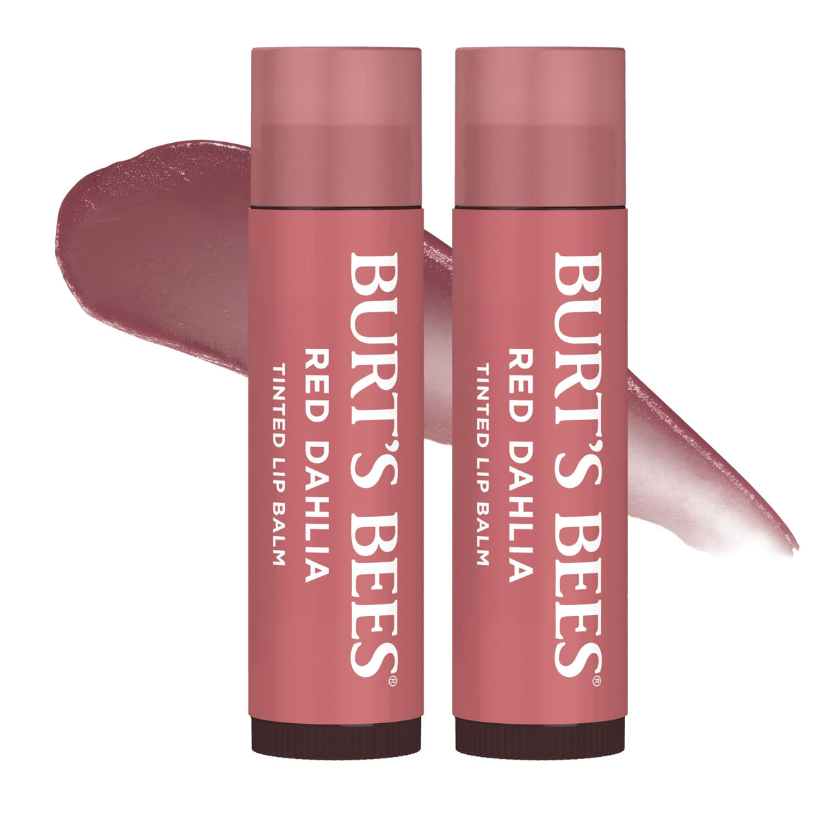 Burt's Bees front packaging showing two Fiery Red Dahlia balms and product benefit