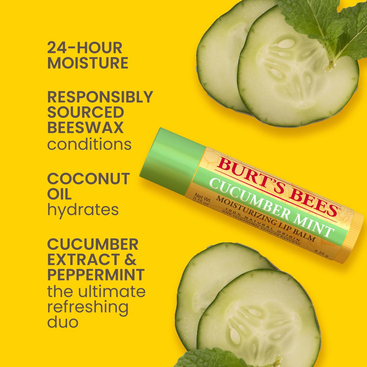 Burt's Bees four tubes laid flat displaying Beeswax, Cucumber Mint, Coconut & Pear, Vanilla Bean