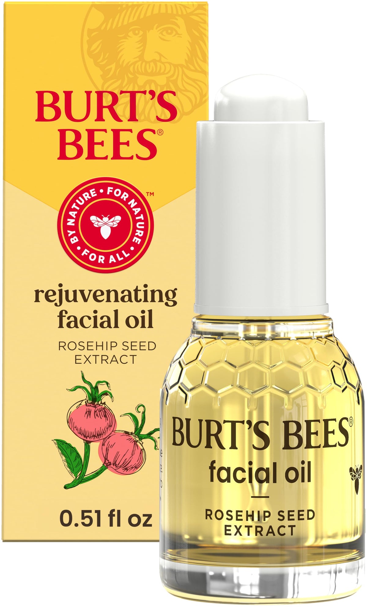 Burt's Bees front bottle of rosehip face oil showing compact 0.51 fl oz size and natural origin benefit
