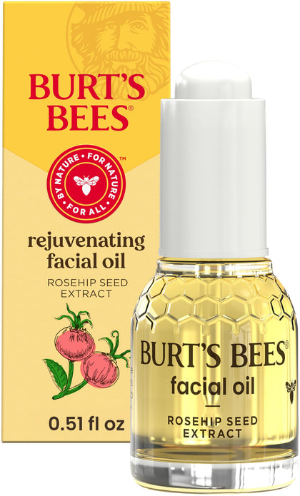 Burt's Bees front bottle of rosehip face oil showing compact 0.51 fl oz size and natural origin benefit