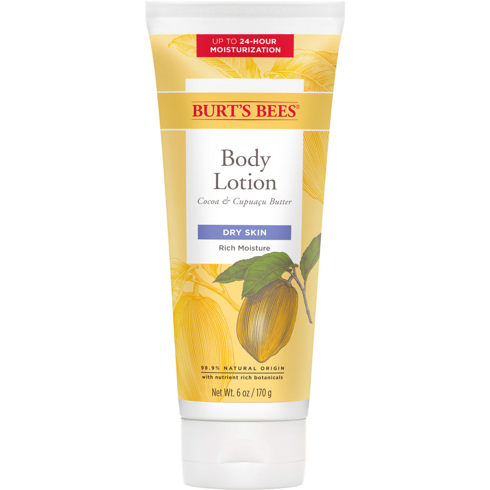 Burt's Bees front packaging showing cocoa and cupuaçu, highlights natural hydration