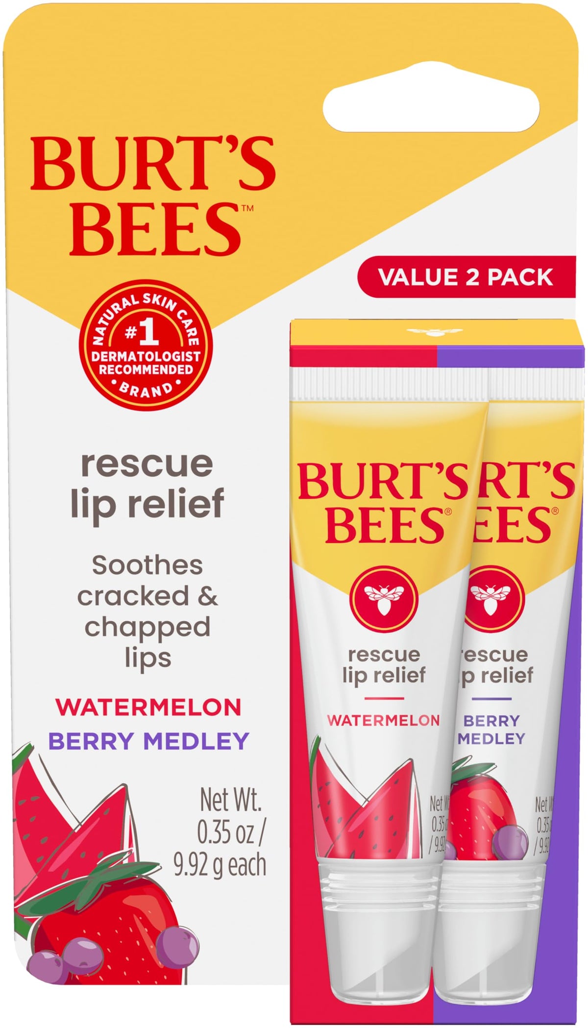Burt's Bees duo front packaging showing both flavored lip balms and benefits