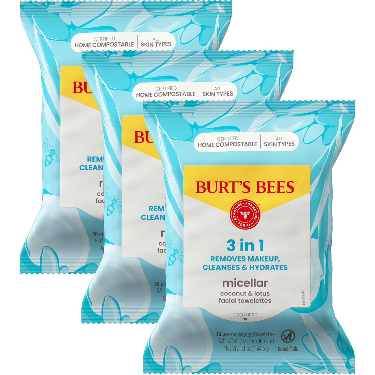 Burt's Bees front packaging of facial wipes showing natural ingredient callouts and count
