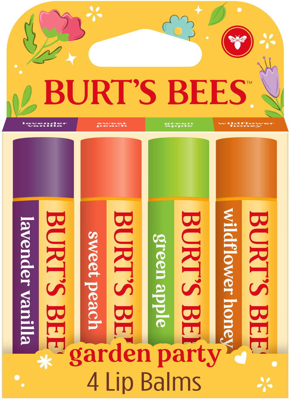 Burt's Bees front packaging showing the four-flavor lip balm set and portability