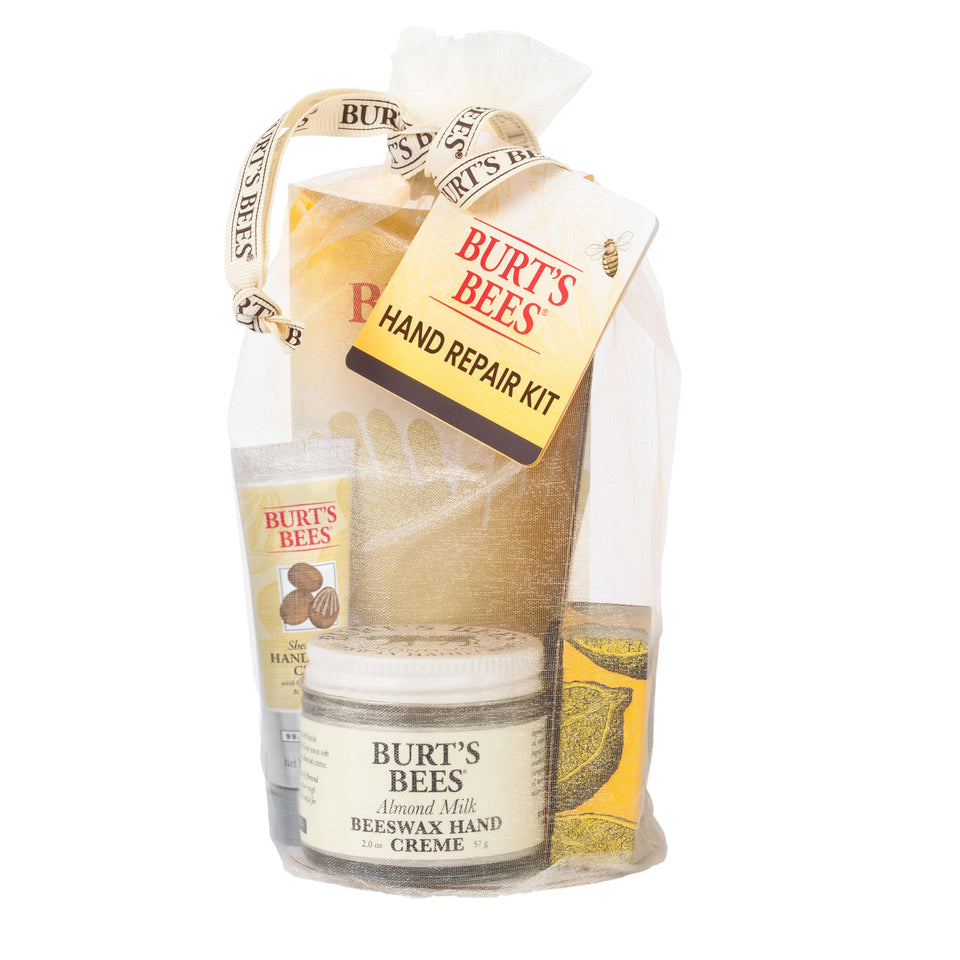 Burt's Bees front packaging showing the complete hand repair gift set and natural ingredients benefit