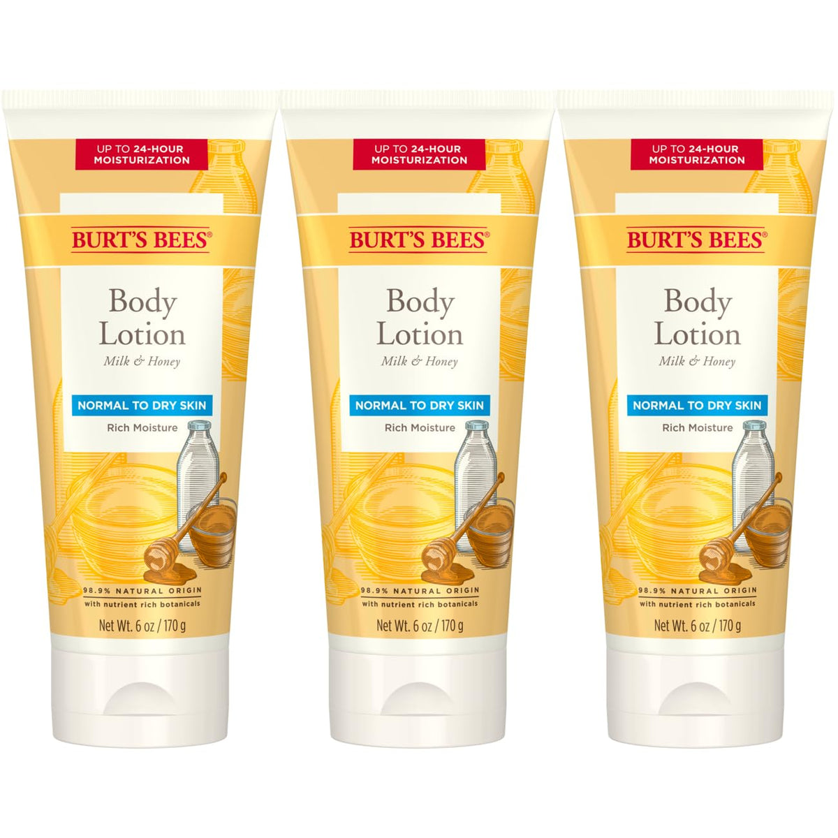 Burt's Bees front packaging showing milk and honey for clean hydration