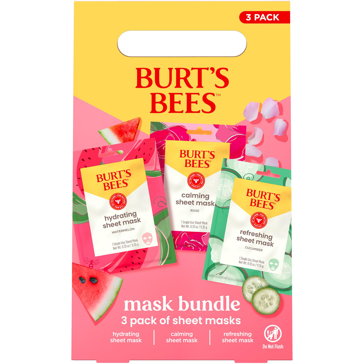Burt's Bees front packaging showing three Mother's Day sheet masks and calm presentation