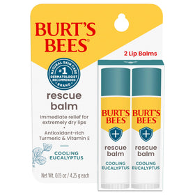 Burt's Bees front packaging showing two rescue balm tubes and cooling eucalyptus benefits