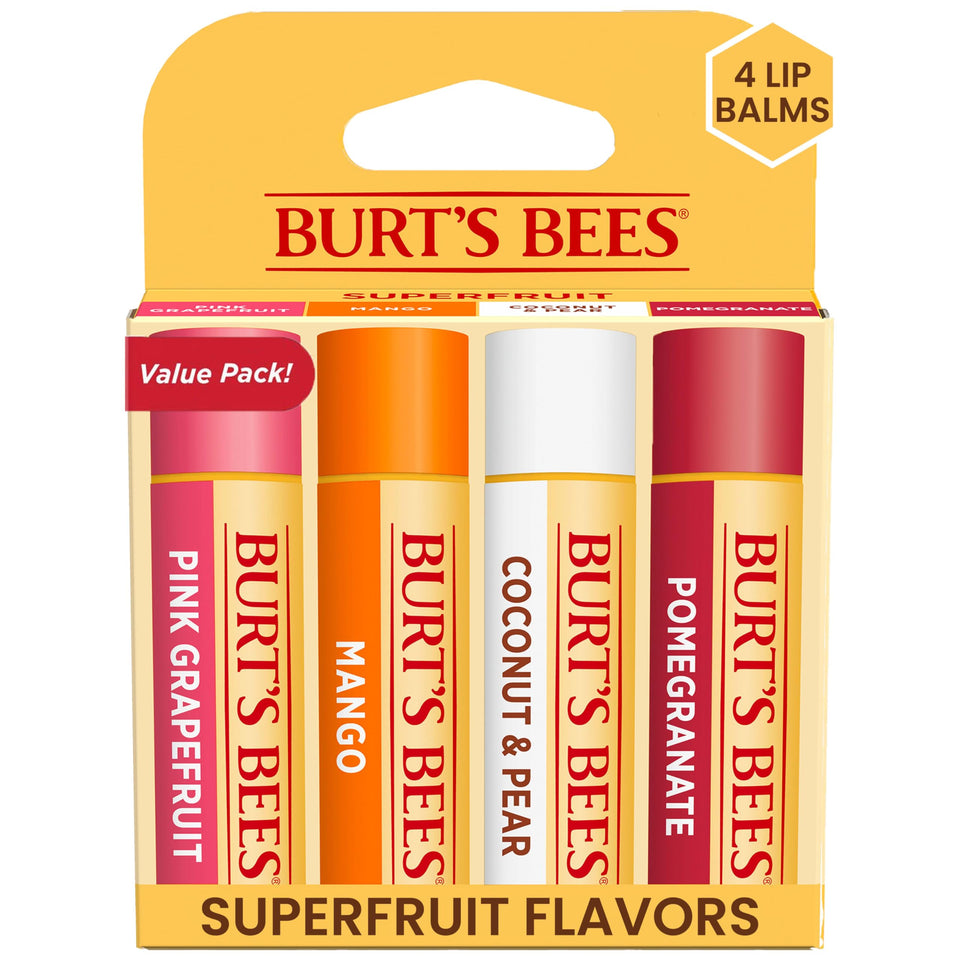 Burt's Bees front pack view showing four superfruit balms and natural benefits