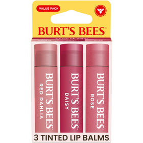 Burt's Bees front packaging showing three tinted lip balm tubes and value packaging benefit