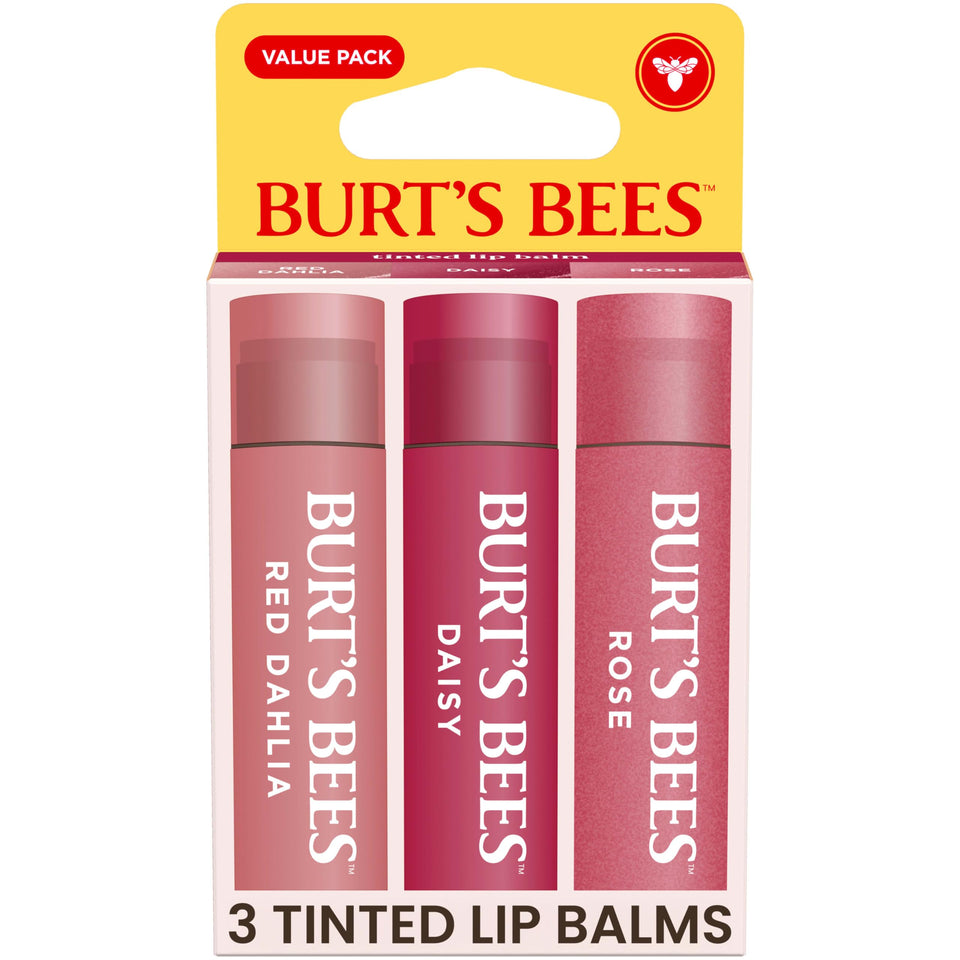 Burt's Bees front packaging showing three tinted lip balm tubes and value packaging benefit