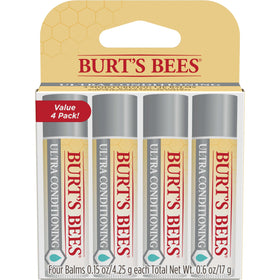 Burt's Bees front packaging showing four tubes and product benefits