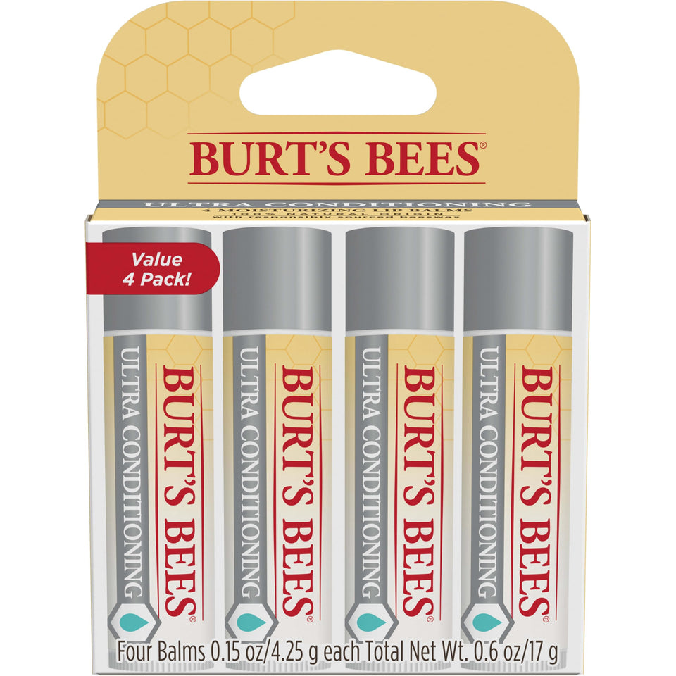 Burt's Bees front packaging showing four tubes and product benefits