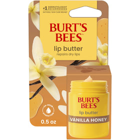 Burt's Bees front packaging showing vanilla honey lip butter and benefits