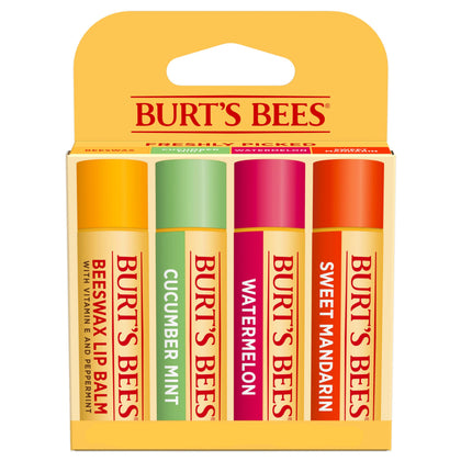 Burt's Bees front packaging showing four tubes and flavor names for easy selection