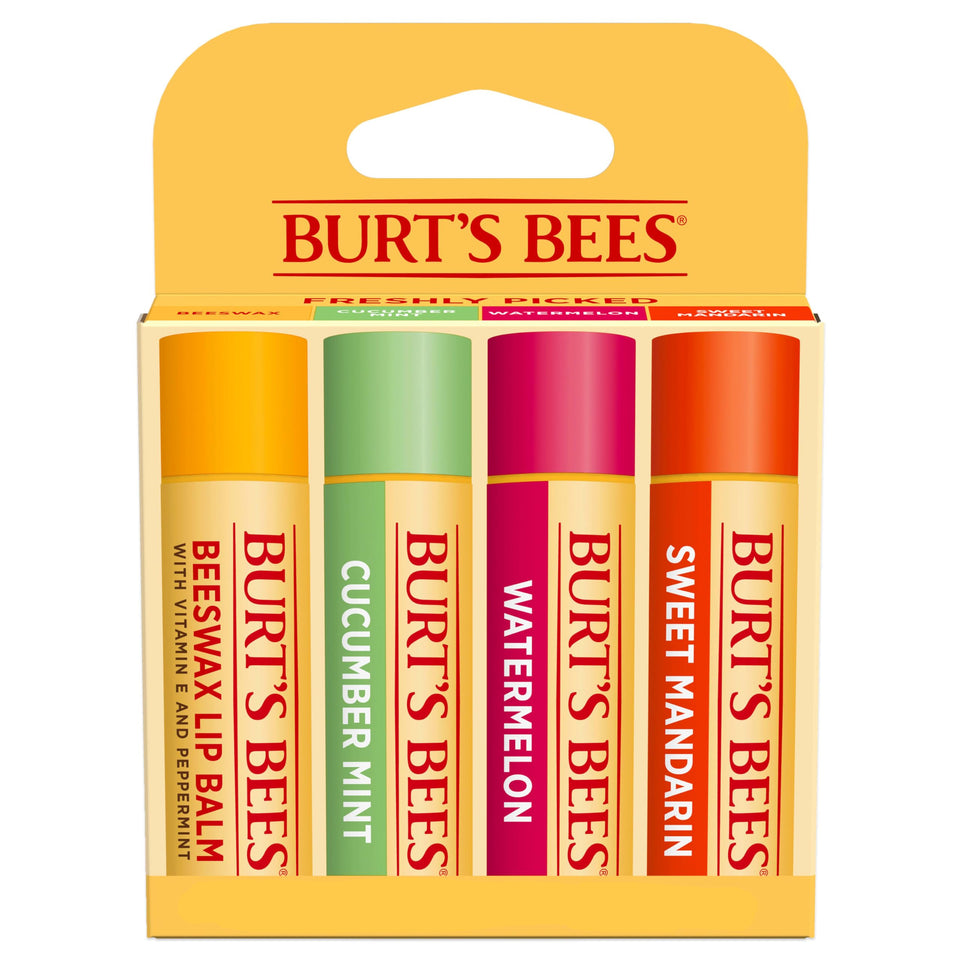 Burt's Bees front packaging showing four tubes and flavor names for easy selection
