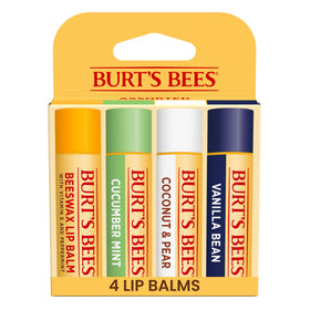 Burt's Bees front packaging showing four natural lip balms for daily hydration