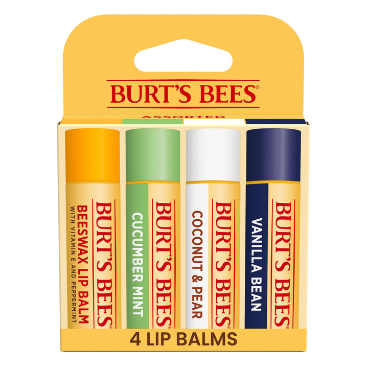 Burt's Bees front packaging showing four natural lip balms for daily hydration