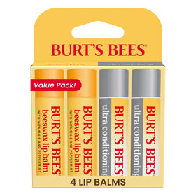 Burt's Bees front packaging showing four lip balm tubes and product benefits