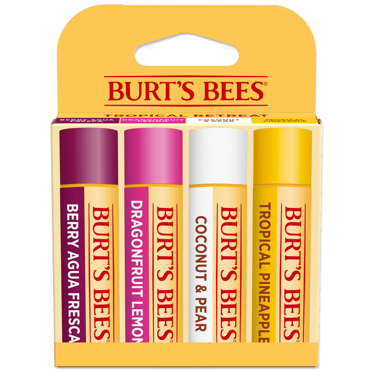 Burt's Bees front packaging showing four flavored tubes and benefits