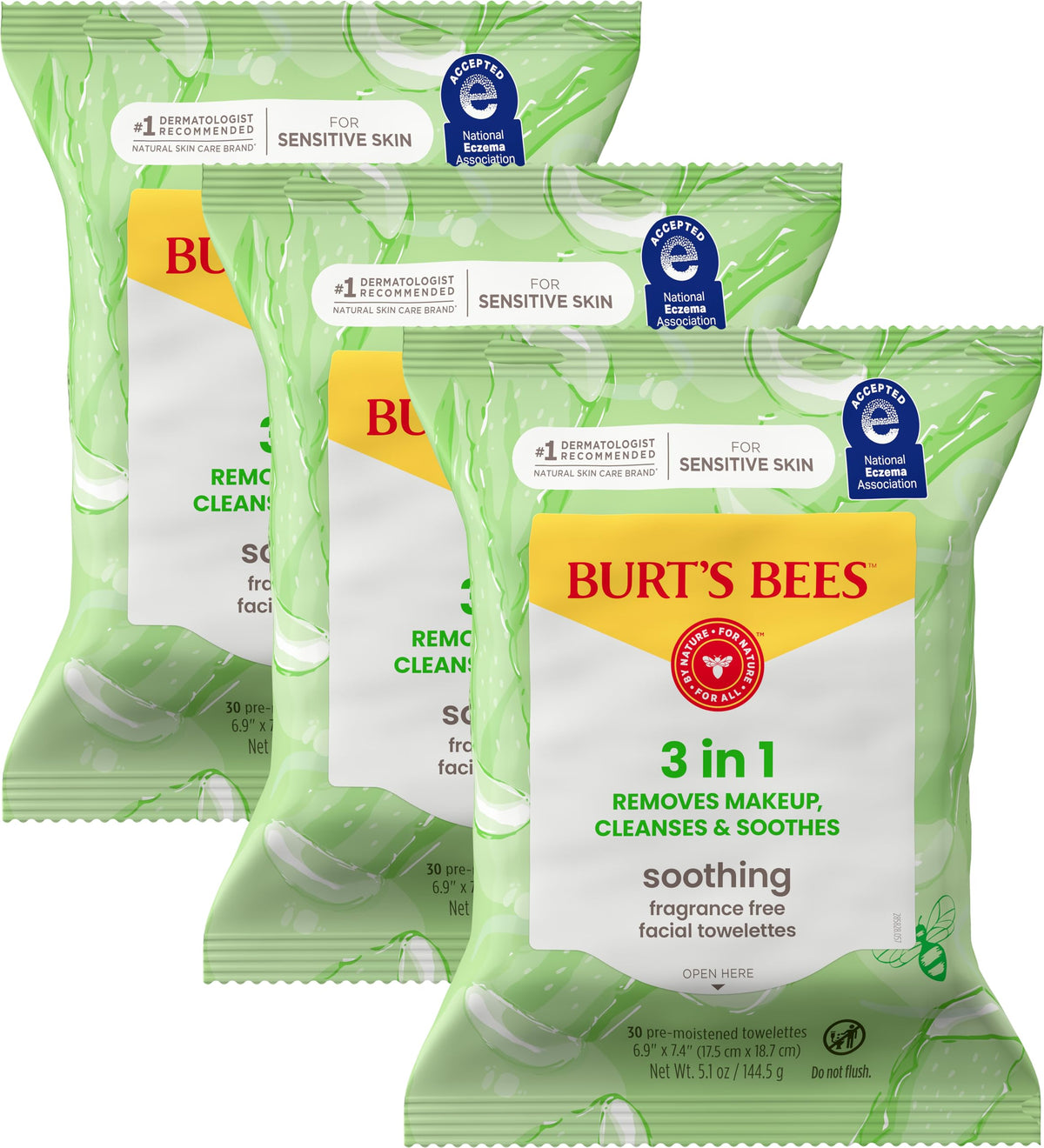 Burt's Bees front packaging showing three 30-count packs and product benefit