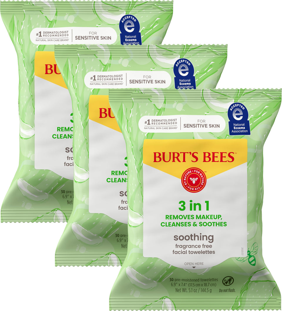 Burt's Bees front packaging showing three 30-count packs and product benefit