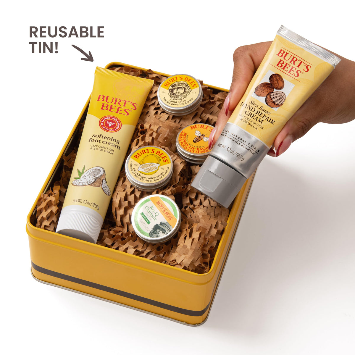 Burt's Bees Classic Hand Salve being applied to hands for fast soothing benefits