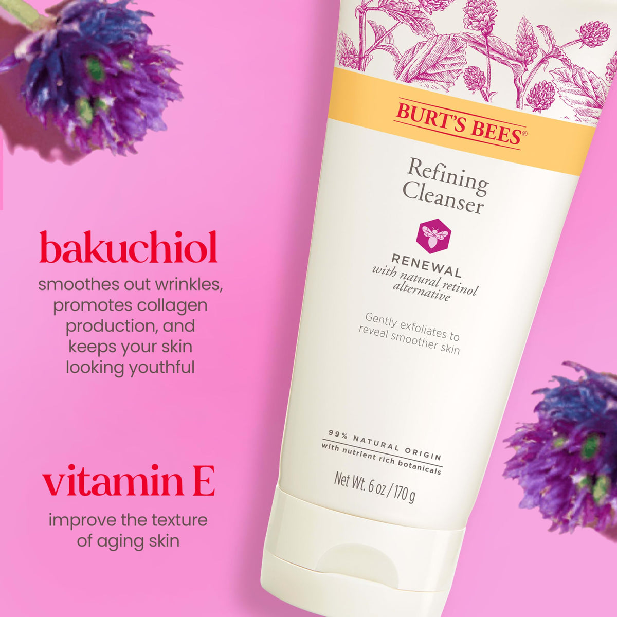 Burt's Bees bakuchiol ingredient with leaf highlighting natural renewal
