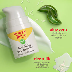 Burt's Bees rice milk bottle emphasizing lightweight moisturizing benefit for under-eye