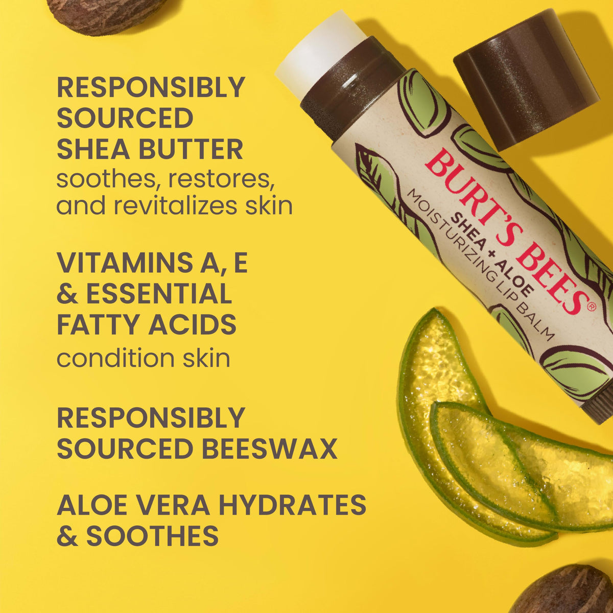 Burt's Bees close-up of beeswax and shea butter ingredients