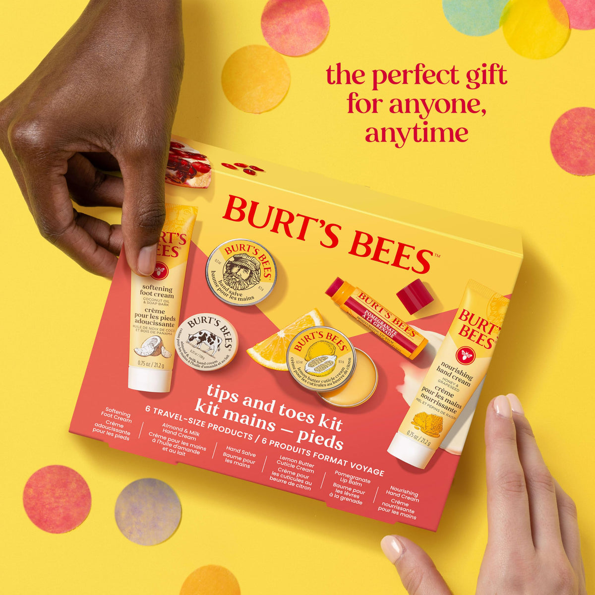Burt's Bees kit held in a hand to show compact scale and portability benefit