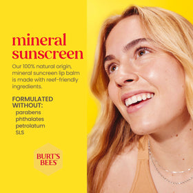 Burt's Bees label zinc oxide and SPF30 detail emphasizing mineral sun protection benefit
