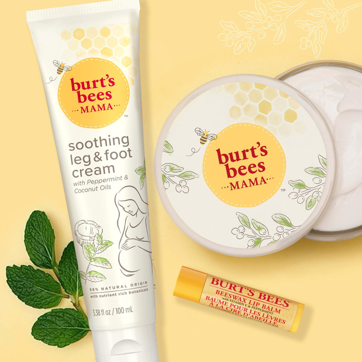 Burt's Bees cream being applied to ankle showing targeted relief for tired legs benefit
