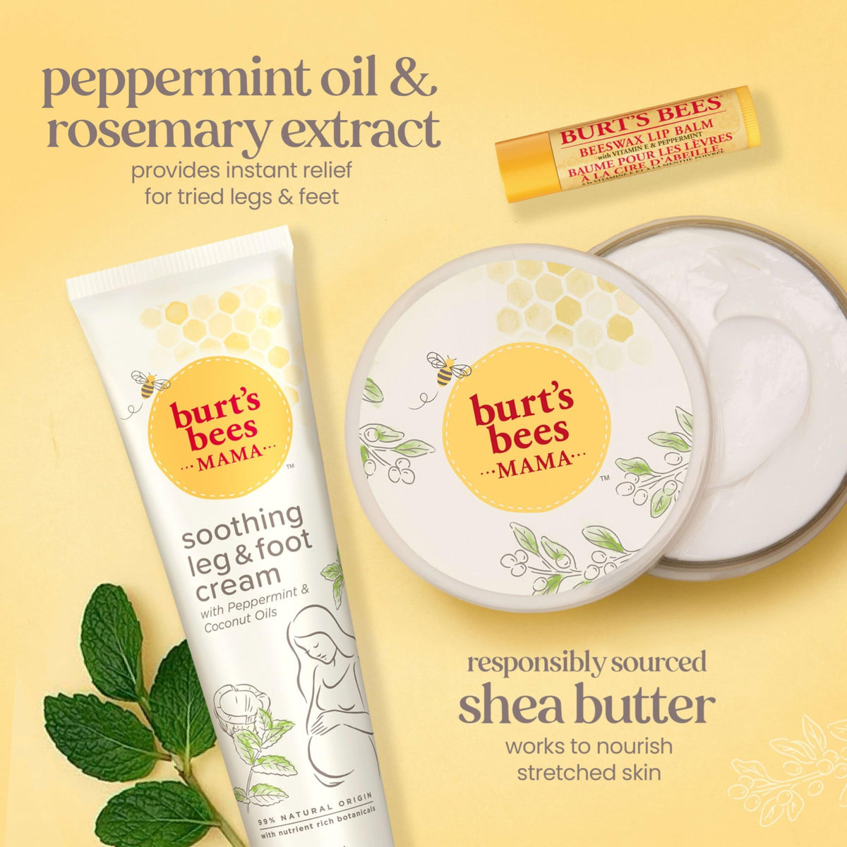 Burt's Bees leg and foot cream tube close-up showing soothing skin relief benefit