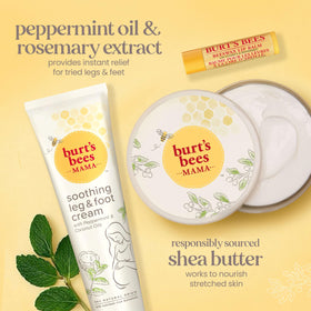 Burt's Bees leg and foot cream tube close-up showing soothing skin relief benefit