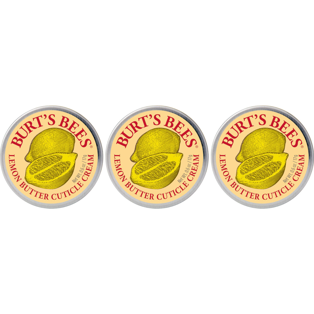Burt's Bees tin front view showing product and lemon scent benefit