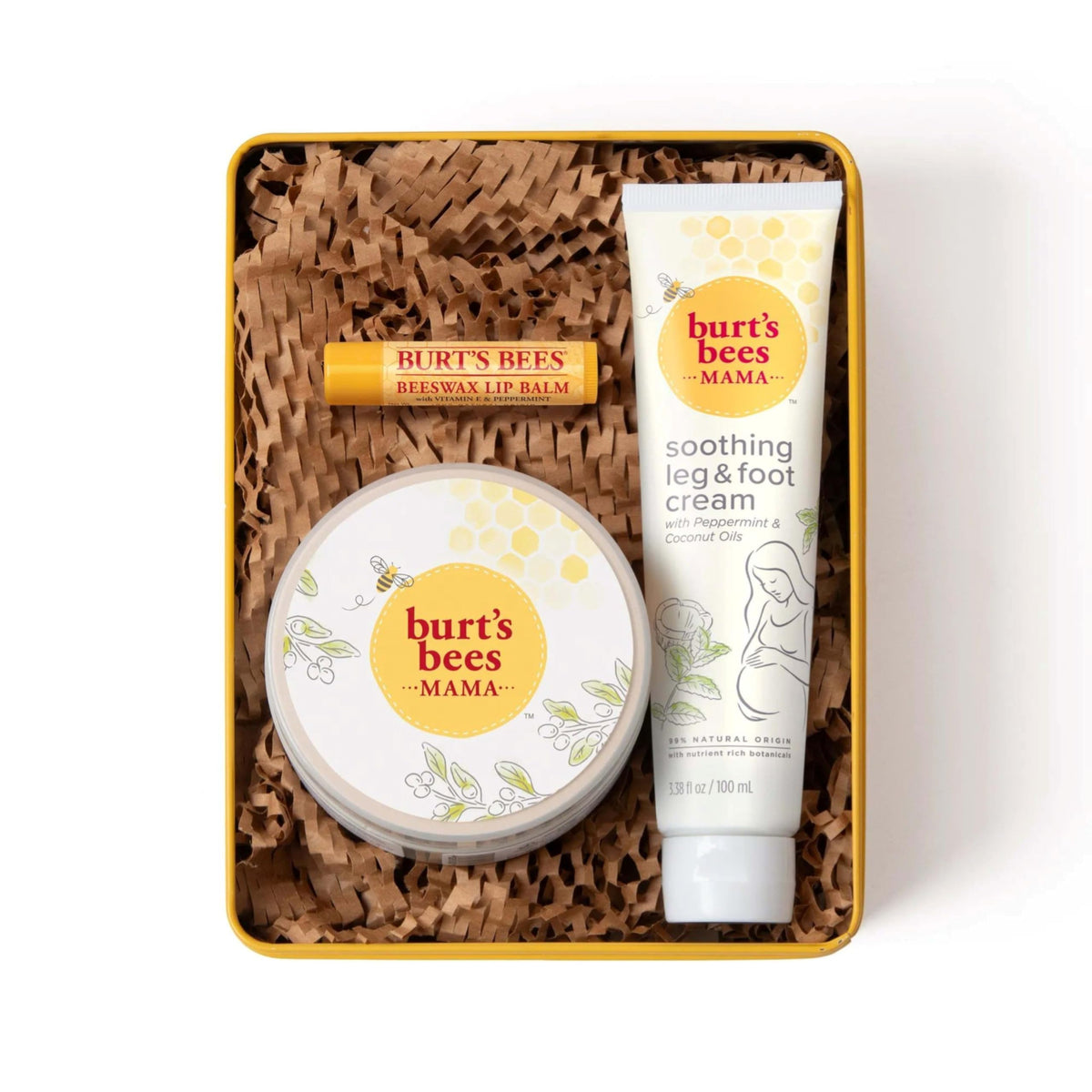 Burt's Bees gift tin front view showing three products and ready-to-gift benefit