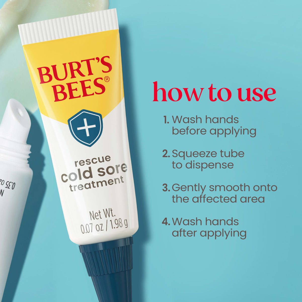 Burt's Bees medicated lip balm tube detail, soothing eucalyptus and menthol benefits