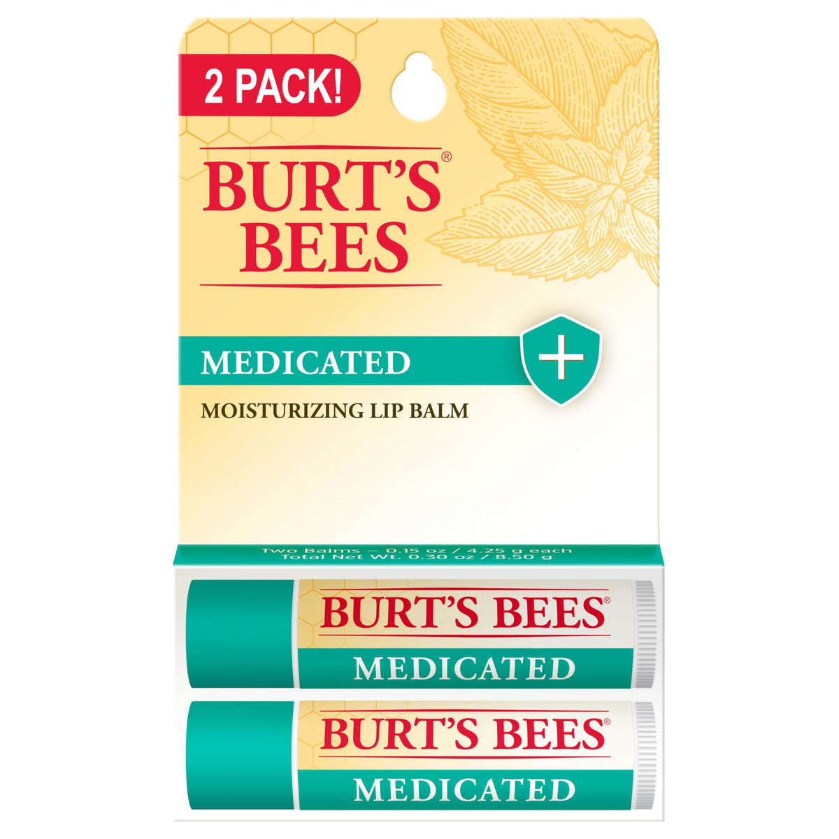 Burt's Bees front view of two medicated lip balm tubes showing compact packaging and natural appeal