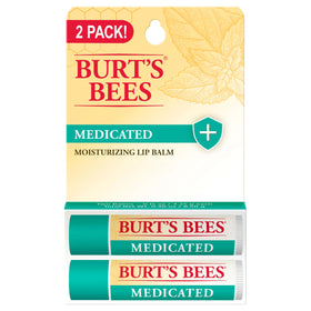 Burt's Bees front view of two medicated lip balm tubes showing compact packaging and natural appeal